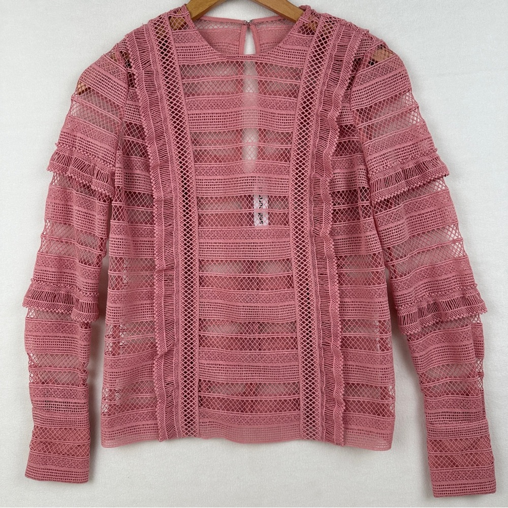 Self Portrait Womens Long Sleeve Open Ruffled Lace Top Blouse Pink Size 0